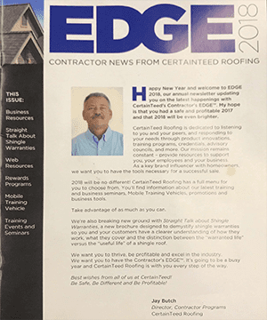 A newsletter page titled "EDGE 2018" from CertainTeed Roofing featuring a welcome message, a photo of a man, and an overview of roofing programs and resources.