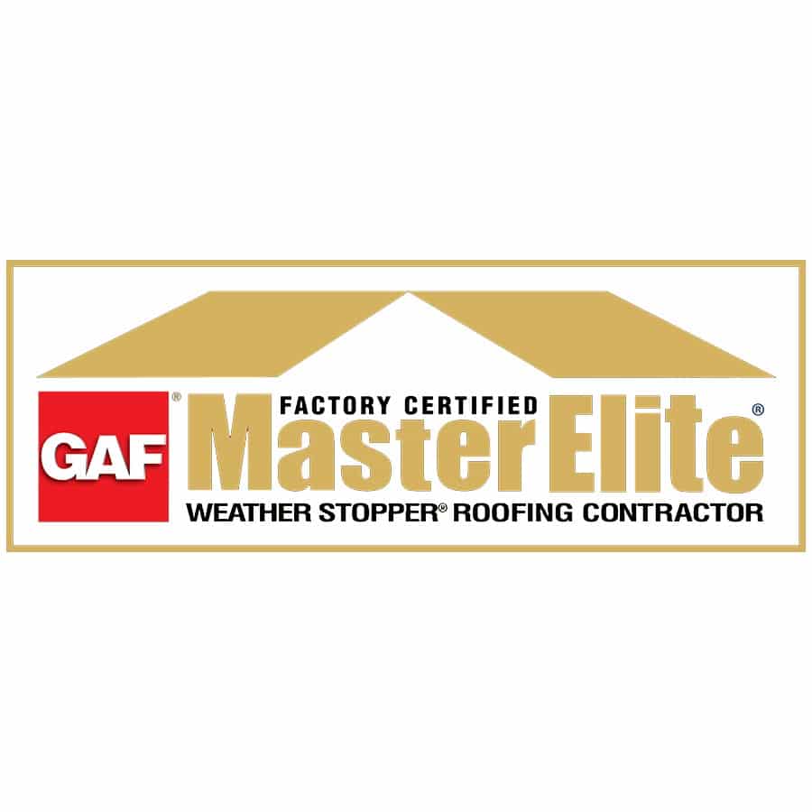 GAF Master Elite Factory Certified Weather Stopper Roofing Contractor logo with gold roof graphic and bold text.