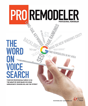 A hand holds a smartphone below text about voice search, with SEO-related keywords radiating from a Google logo on the cover of Pro Remodeler magazine.