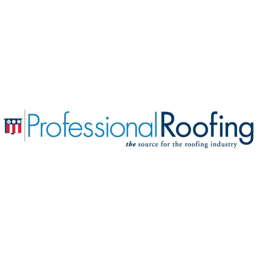 Professional Roofing magazine logo with a small red, white, and blue shield icon on the left and the tagline "the source for the roofing industry" in smaller text below.