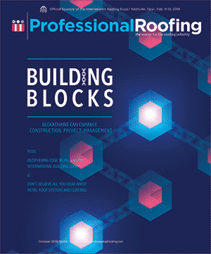 Cover of Professional Roofing magazine featuring the headline "Building Blocks" with a subtitle about blockchain use in construction project management and a graphic of interconnected digital blocks.