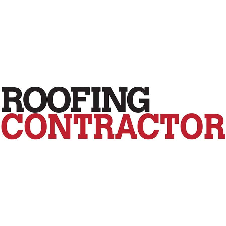 Roofing Contractor" logo with the word "Roofing" in bold black letters above the word "Contractor" in bold red letters on a white background.