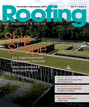 Cover of Roofing magazine featuring a green roof on a modern building, with headlines about LEED Gold certification, government projects, and industry trends.