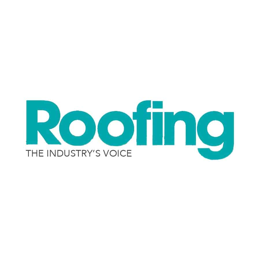 The image shows the word "Roofing" in bold turquoise letters with the tagline "THE INDUSTRY'S VOICE" in smaller black text below it on a white background.