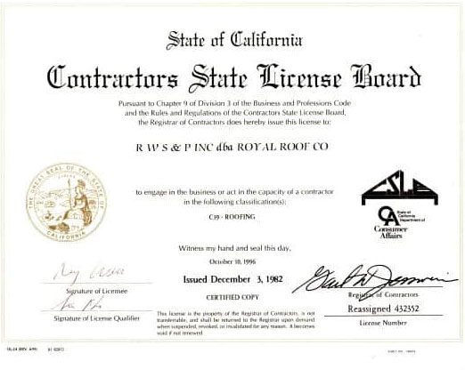 Royal-Roofing-License-2018 A California Contractors State License Board certificate issued to Royal Roof Co for roofing, dated December 5, 1982, with official signatures and seal.