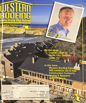 Cover of Western Roofing magazine featuring a photo of Coastal Lodge in Pacific City, Oregon, with an inset portrait of a smiling man in the top right corner.