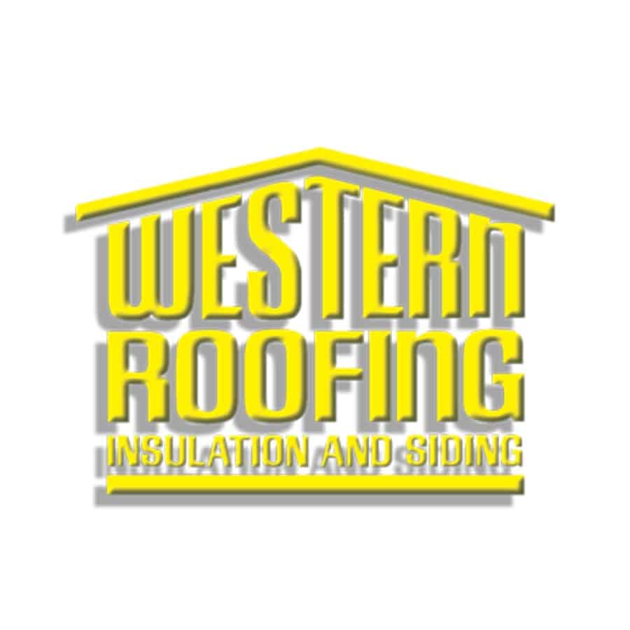 Yellow and white logo reads "Western Roofing Insulation and Siding" with a roof-shaped outline above the text on a white background.