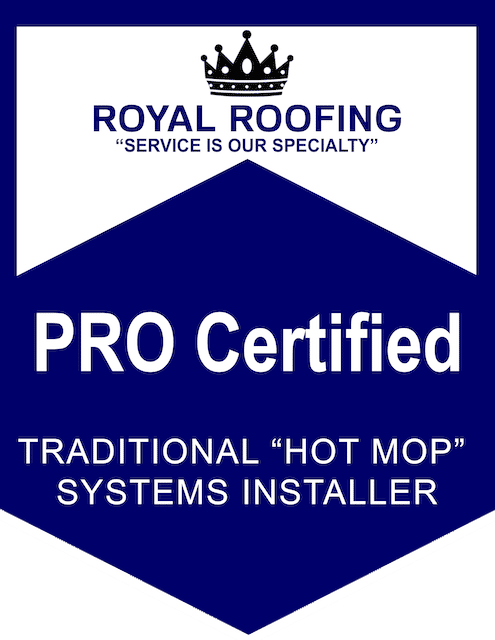 badges-4 A blue and white badge reads "ROYAL ROOFING 'SERVICE IS OUR SPECIALTY' PRO Certified COMPOSITION SHINGLES INSTALLER" with a crown icon at the top.