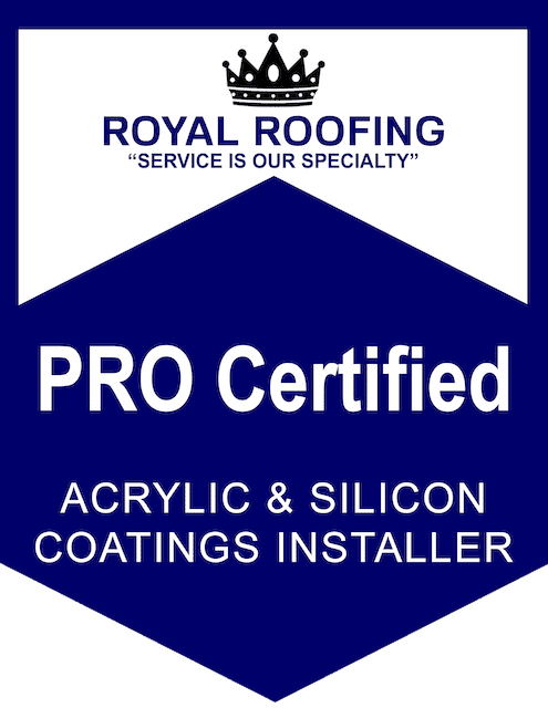 badges-4 A blue and white badge reads "ROYAL ROOFING 'SERVICE IS OUR SPECIALTY' PRO Certified COMPOSITION SHINGLES INSTALLER" with a crown icon at the top.