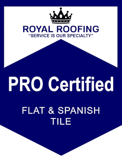 badges-4 A blue and white badge reads "ROYAL ROOFING 'SERVICE IS OUR SPECIALTY' PRO Certified COMPOSITION SHINGLES INSTALLER" with a crown icon at the top.