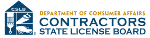 Logo of the California Department of Consumer Affairs Contractors State License Board, featuring icons of a house, paint brush, hammer, saw, and California map.