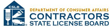 Logo of the California Department of Consumer Affairs Contractors State License Board, featuring icons of a house, paint brush, hammer, saw, and California map.