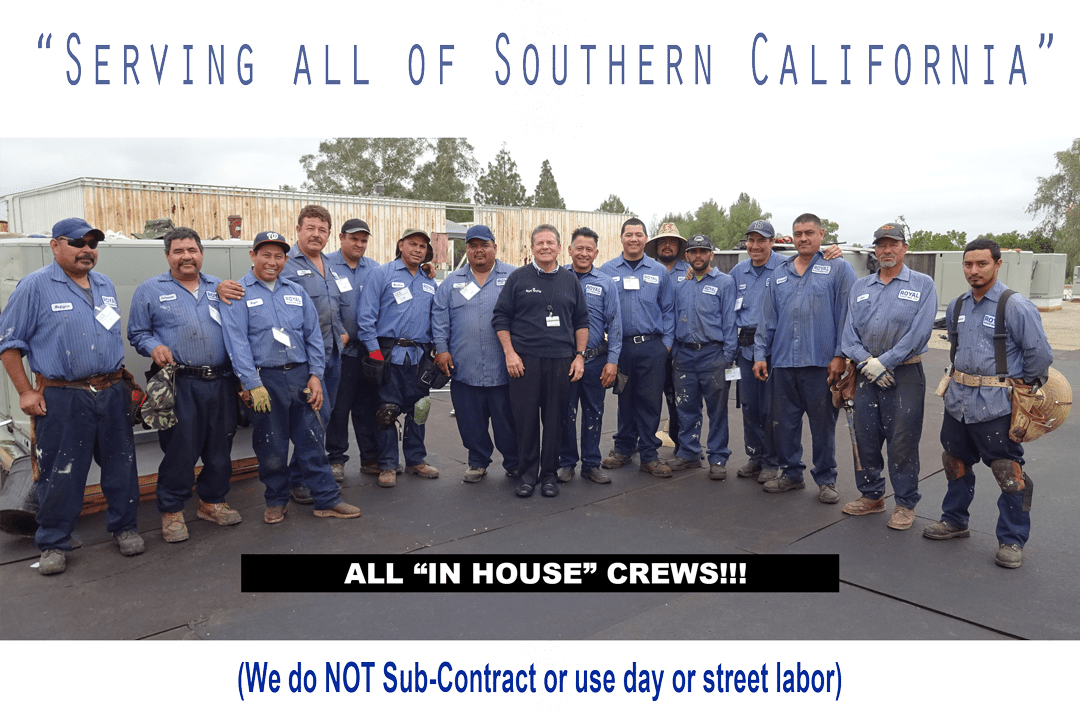 A group of uniformed workers pose outdoors at a work site with a company representative; text emphasizes that all crews are in-house and not subcontracted.