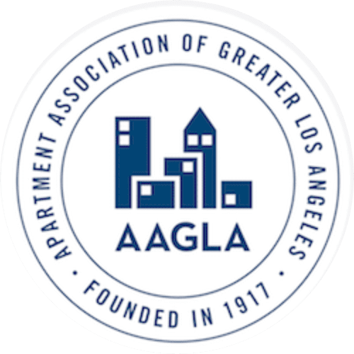 Logo of the Apartment Association of Greater Los Angeles, featuring stylized buildings and text stating "AAGLA" and "Founded in 1917.