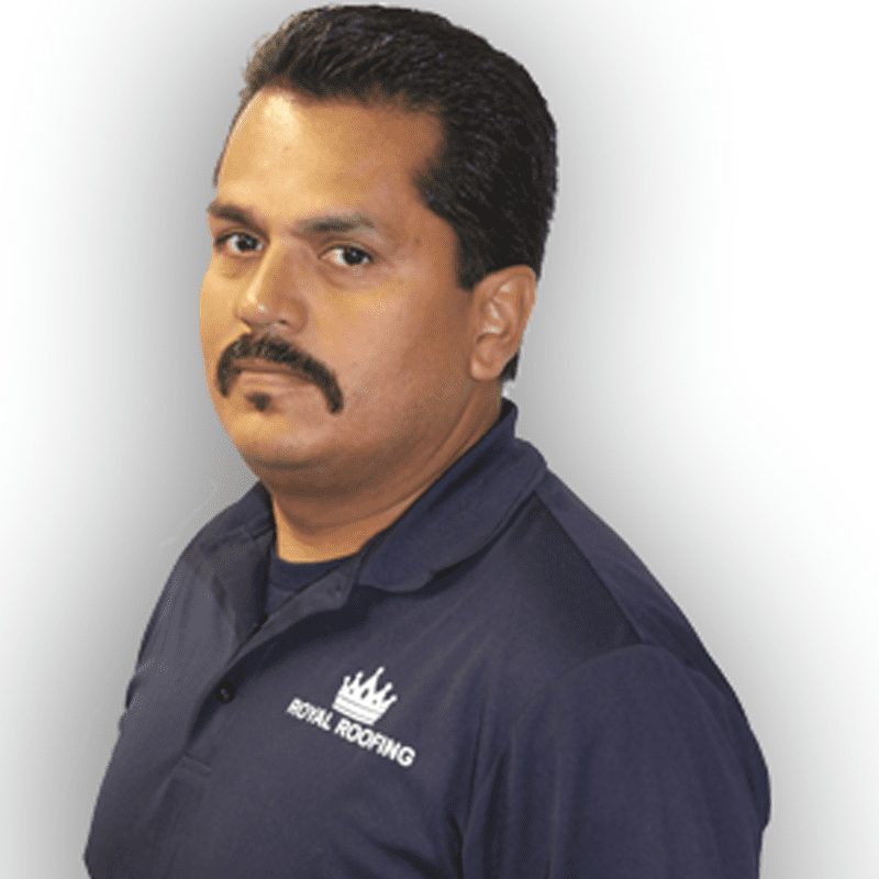 A man with a mustache wearing a navy blue "Royal Roofing" polo shirt poses against a light background.